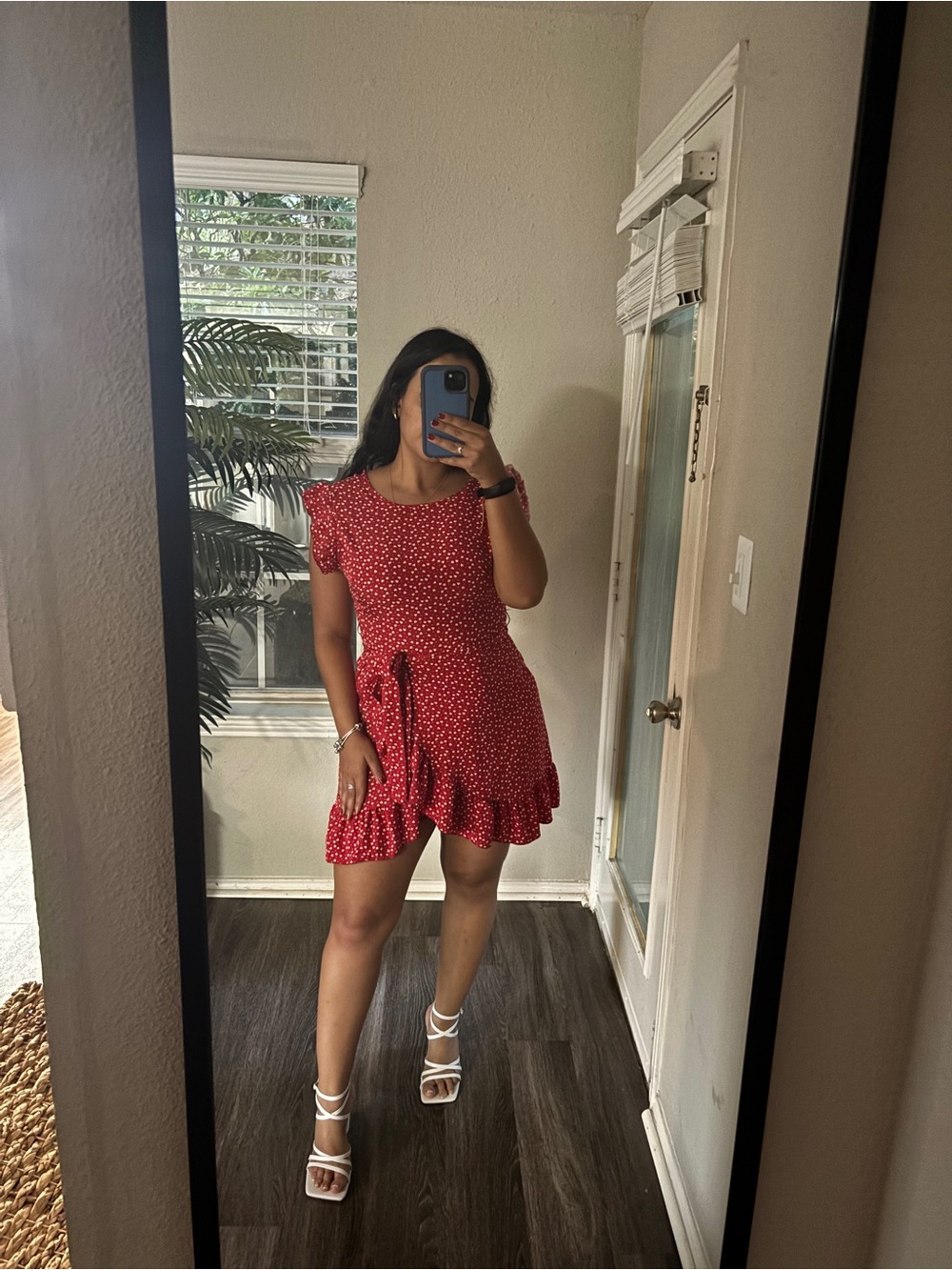 SHEIN Red Polka Dot Ruffle Tie-Waist Mini Dress